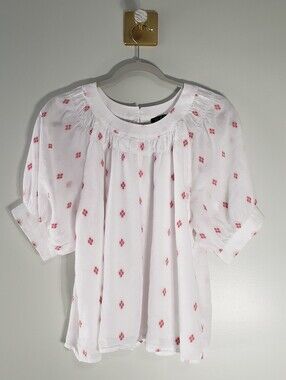 J. Crew Lightweight Peasant Blouse Women Medium White Pink Cotton Boho Cottage